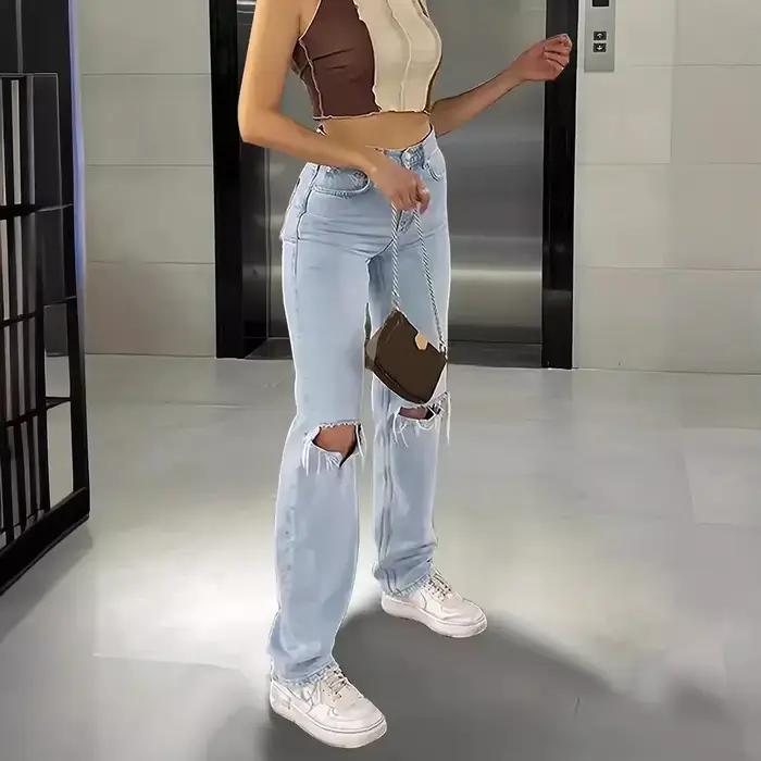 Jean droit déchiré à taille haute pour femme