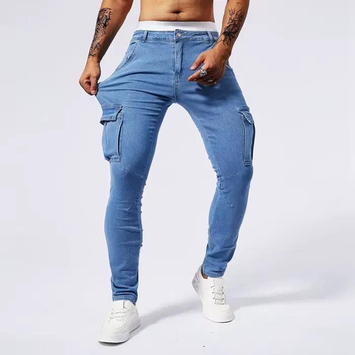 Slim Fit grande poche jean Cargo pantalon pour hommes à la mode décontracté Hip Hop Stretch Denim pantalons longs mâle