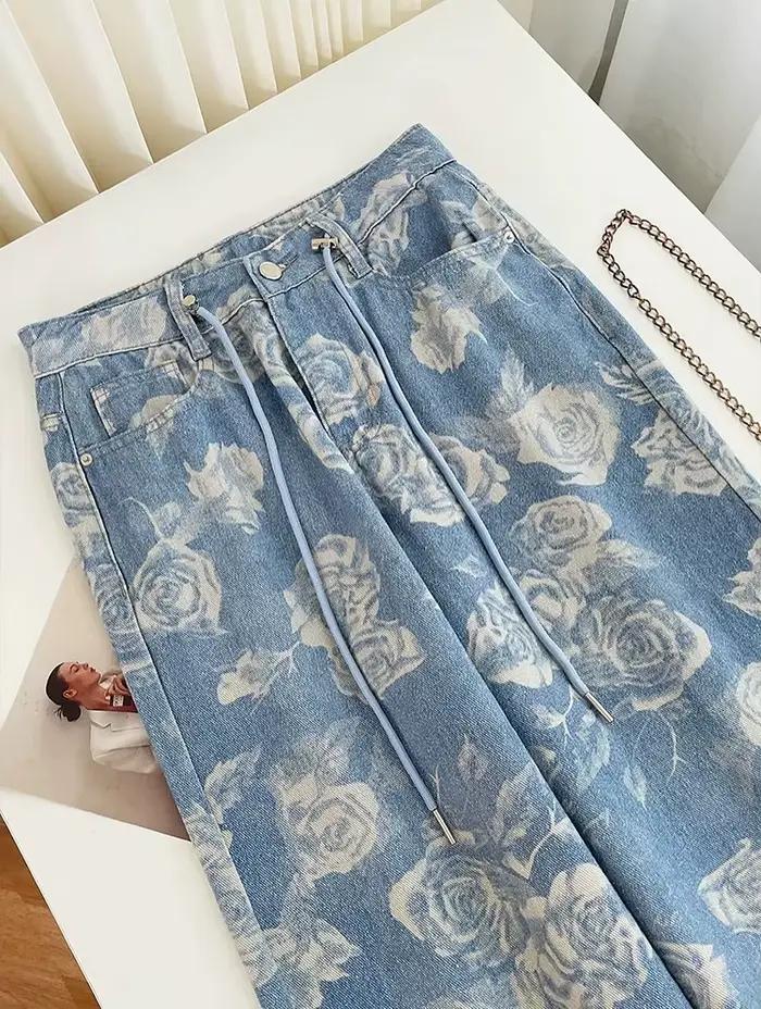 Harajuku femmes fleur motif imprimé jean mode haute rue pur coton élasticité droit Denim pantalon Baggy cordon
