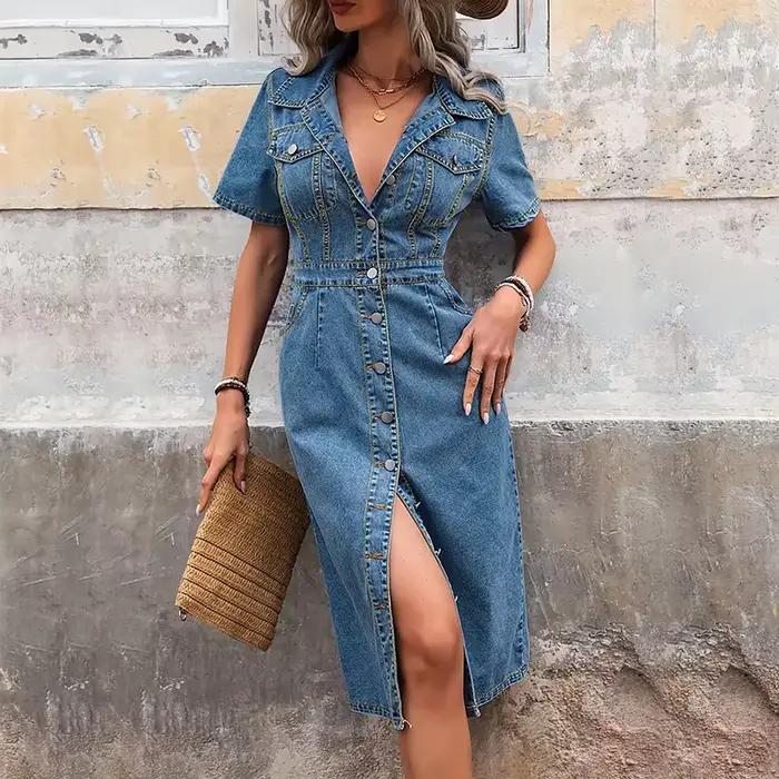 Benuynffy grande taille Vintage simple boutonnage lavé Denim robe femmes été col rabattu manches courtes décontracté robes mi-longues