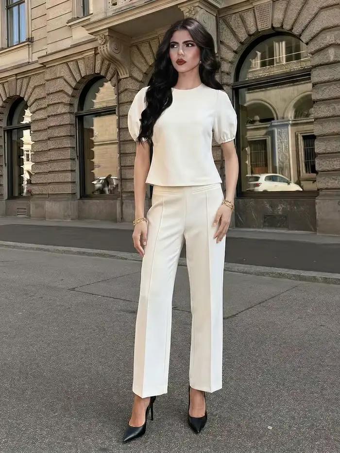 Ensemble pantalon et haut décontracté beige pour femme HH