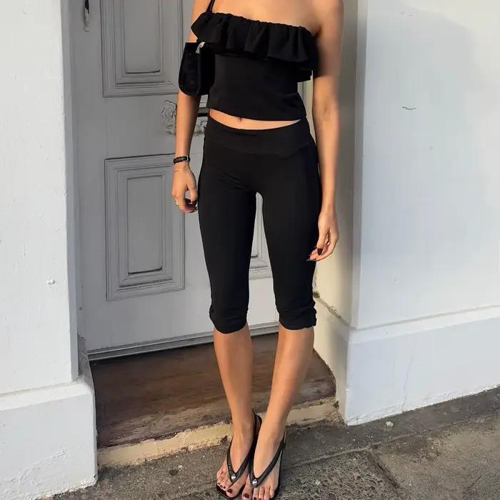 Pantalon Capri Skinny Femme Taille Basse à Ourlet Fendu 3/4