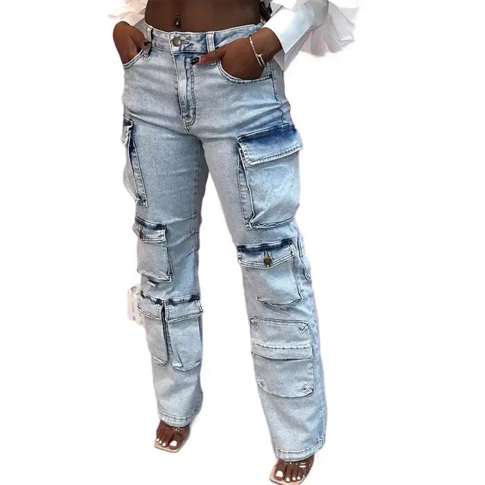Jean Cargo Femme Coupe Droite Multi-Poches Taille Haute Extensible Denim Vintage Délavé Streetwear 2026