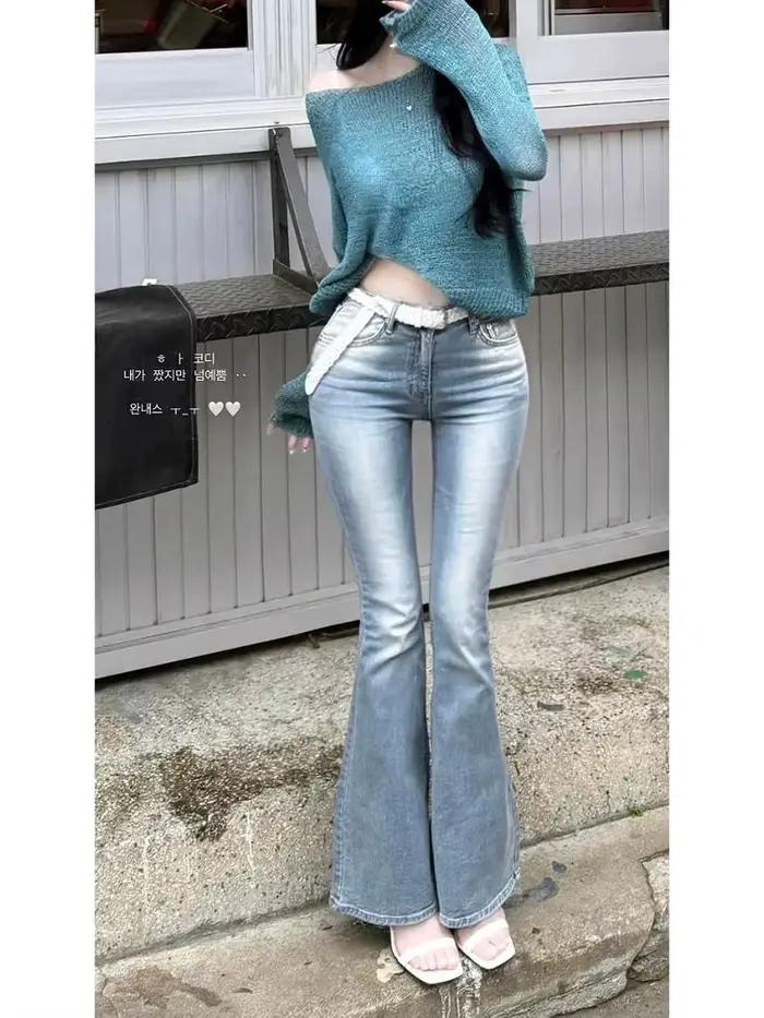 Sable Blast lavé mode coréenne célébrité d'internet vente chaude jean taille basse Flare