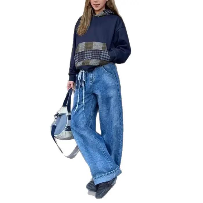 Jeans Design Bamboo, pantalon large et polyvalent à jambe droite et délavée pour femmes