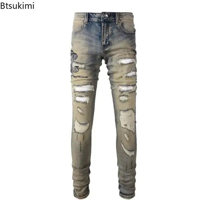 Nouveau Jean en Denim Brodé Serpent pour Homme 2026 – Bleu Vintage avec Patch en Cuir Effet Peau