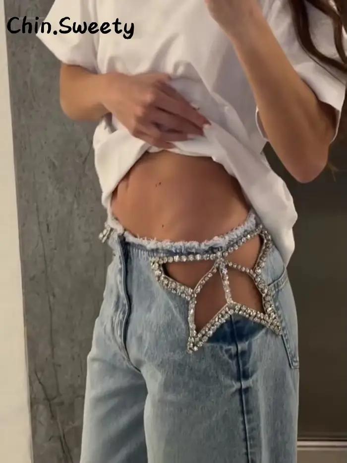 Jean droit taille basse à franges pour femme