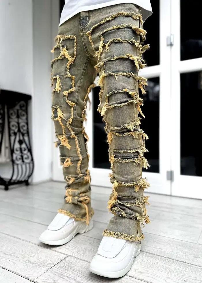 Punk Street Style déchiré jean moulant hommes Vintage lavage solide Denim pantalon