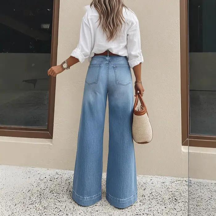 Jean large délavé taille haute amincissant pour femme