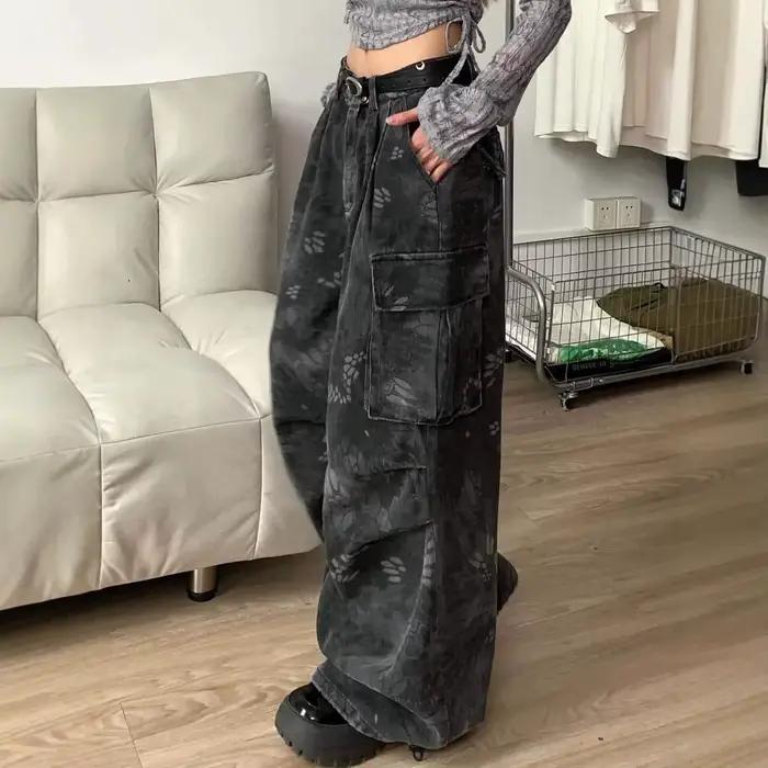 Jean ample droit à jambes larges délavé style rétro camouflage pour femme 2026