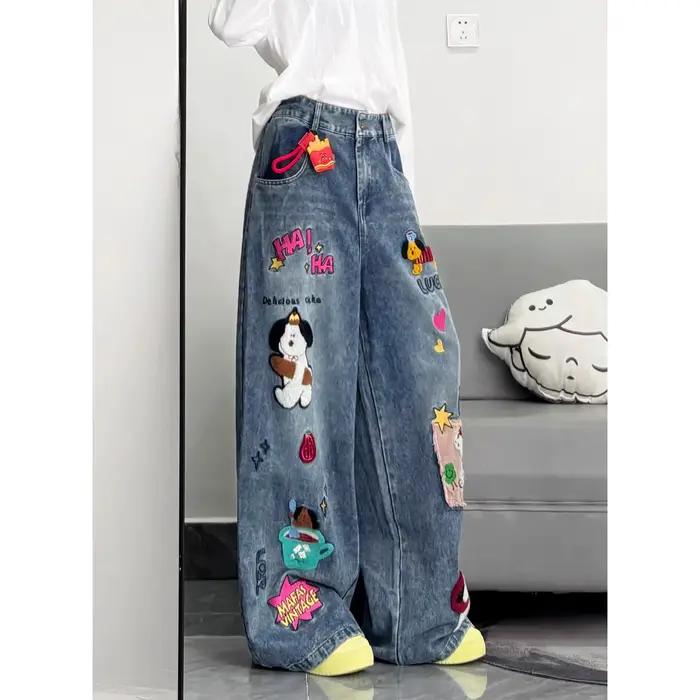 Jeans Rétro Américains Brodés Style Cartoon pour Hommes et Femmes – Coupe Ample Décontractée à Jambes Larges pour Couples