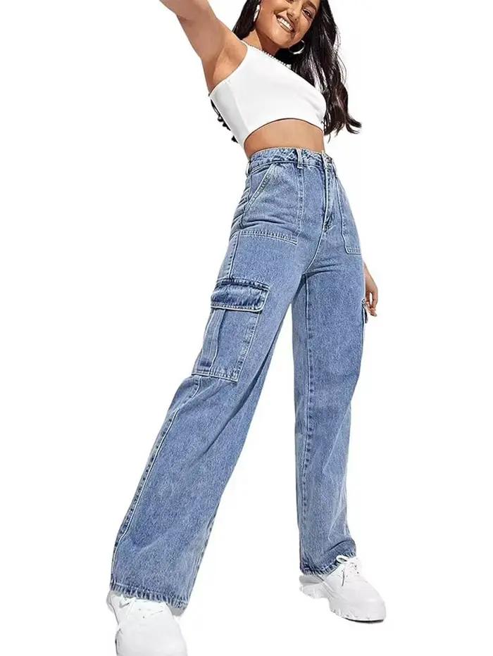 Jeans de travail multi-poches à taille haute pour femmes, pantalons cargo avec lavage enzymatique, style américain, coton mélangé, élasthanne, polyester, modal, viscose, coupe ample, haute élasticité