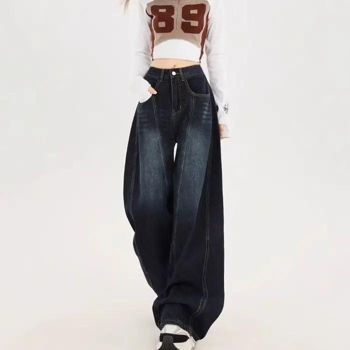 Jean large brodé rétro américain pour femme, coupe ample, denim confortable, style urbain décontracté, longueur au sol, printemps, ajustement lâche, occasionnels et événements informels