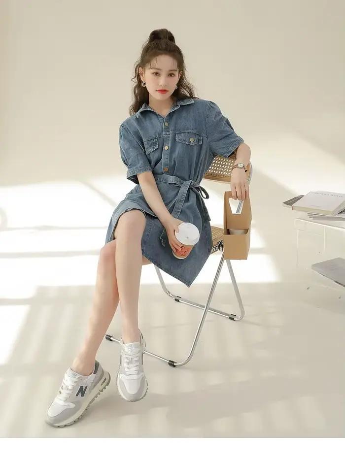 Robe en denim à simple boutonnage pour femme