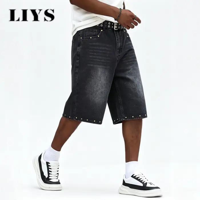 LIYS Jean Jorts Vintage Noir à Rivets Coupe Large pour Homme – Style Y2K Tendance