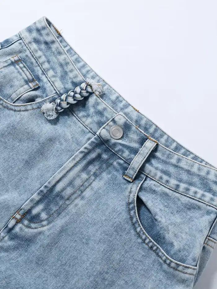 Jean Femme Tendance Été en Denim Taille Haute à Découpes