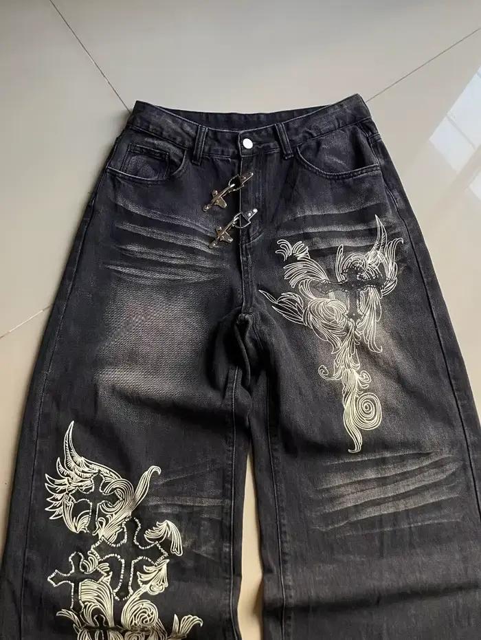 Jeans baggy noirs à imprimé surdimensionné
