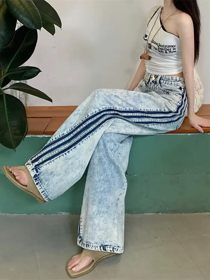 Jean Baggy Bleu Clair à Rayures Latérales pour Femme