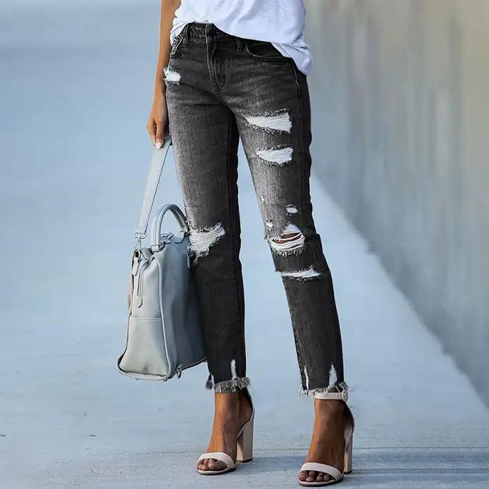 Jean skinny déchiré délavé vintage pour femme pantalon en denim mince été skinny coupe droite haute couture mode années 80