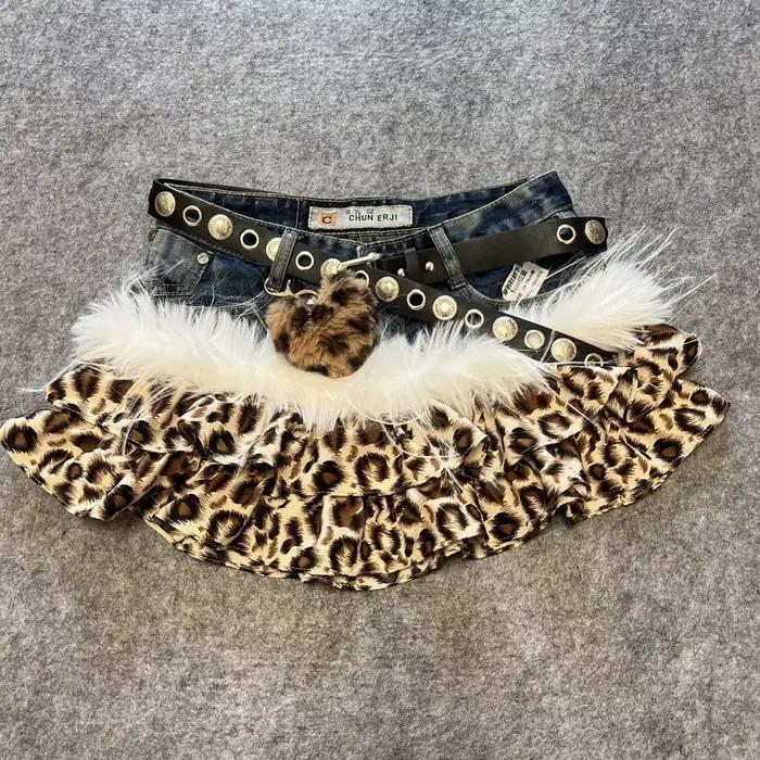 Abi Y2K "Millennium Brown Leopard" Vintage Denim Spicy Girl imprimé