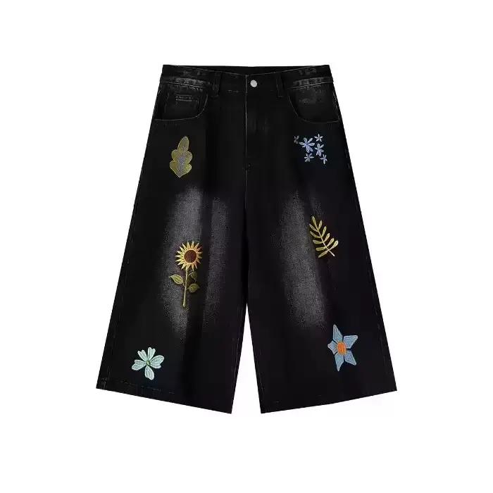 Shorts en jean vintage à broderie florale style américain