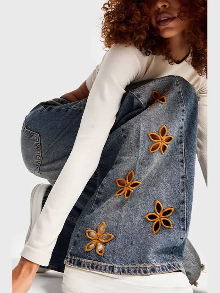 Jean femme taille haute broderie Denim pantalon mode