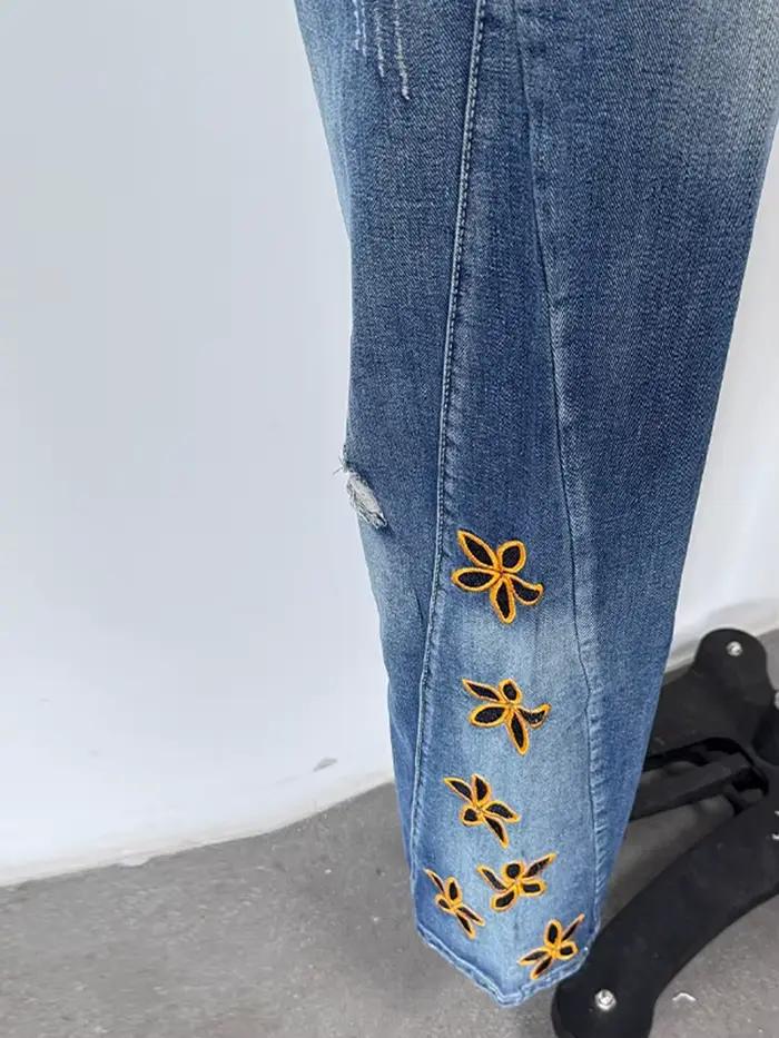 Jean femme taille haute broderie Denim pantalon mode