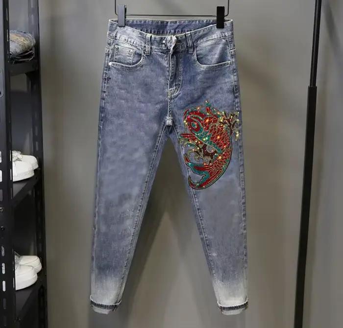 Jeans strass classiques haute qualité style punk pour hommes pantalon long crayon enduit ajustement régulier four seasons usage occasions diverses