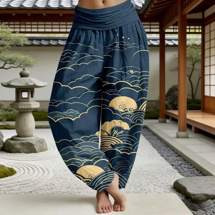 Pantalon Harem en Coton Imprimé Floral Bleu Bohème pour Femme – Léger