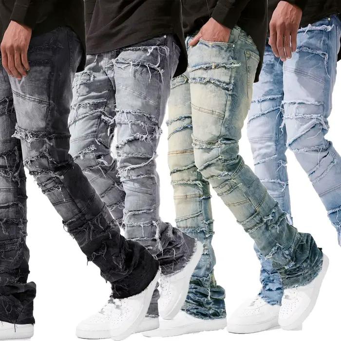 2025 nouveaux jeans empilés hommes patchwork épissé Denim déchiré lavage effiloché pantalon homme Streetwear