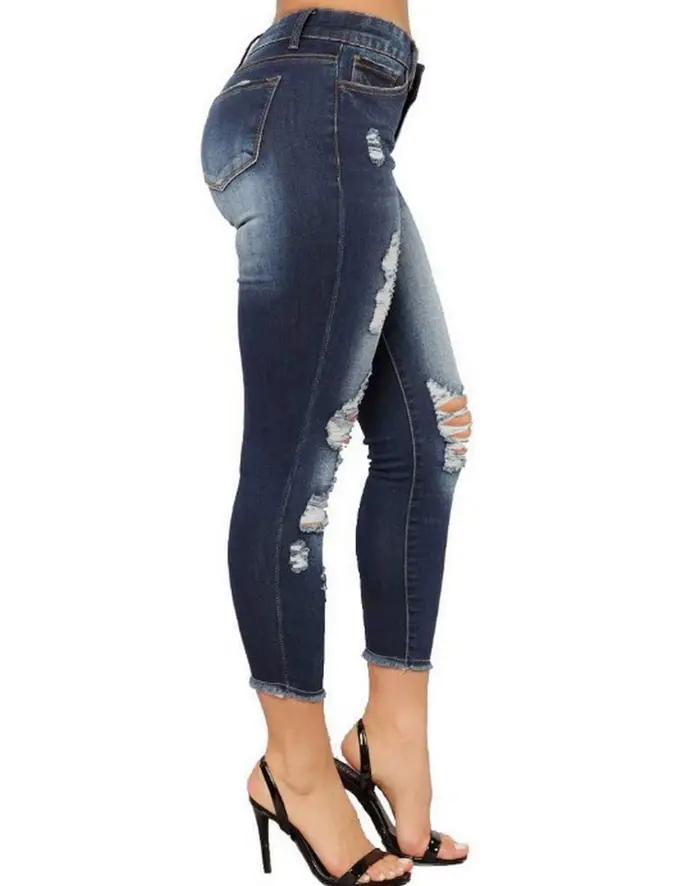 Jean Capri Femme Skinny Déchiré et Délavé en Denim Extensible Coupe Courte à la Cheville