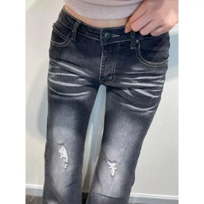Jean évasé déchiré extensible pour femme, coupe slim, décontracté, printemps été, polyester, bouton volant, entretien facile, occasions variées