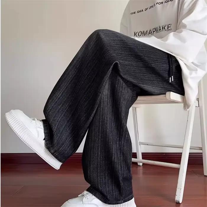 Nouveau Jean Bleu Rayé Effet Vieilli 2026 pour Homme – Pantalon en Denim Coupe Droite avec Cordon de Serrage
