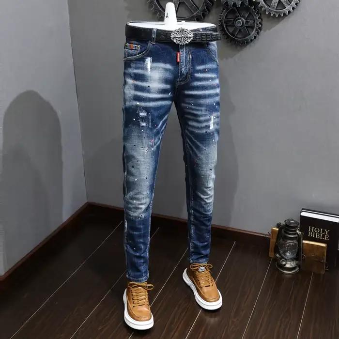 Créateur de mode hommes jean rétro bleu Stretch coupe ajustée peint déchiré