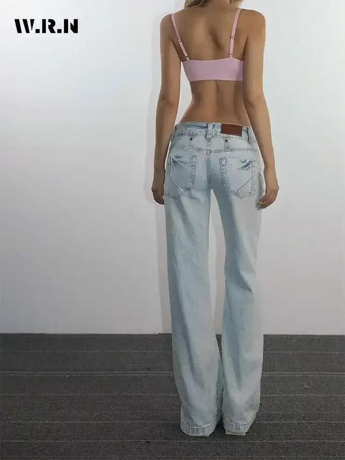 Warenew bleu clair taille basse jean femme Streetwear américain Vintage Denim pantalon