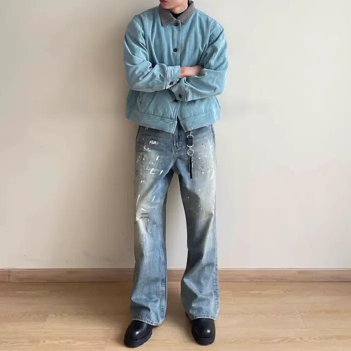 Jean rétro décontracté homme, délavé à l'encre, jambes larges, moderne, four seasons, style casual, zippered fly, soft material