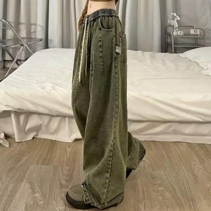 Jeans amples vintage unisexes avec taille élastique et poches profondes pour femmes, style décontracté, matériau polyester, adapté aux saisons automne-hiver, pour une utilisation polyvalente et élégante