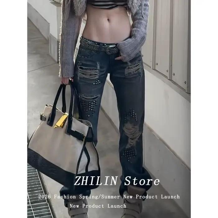 P2026 Jean d'été en coton à taille basse et coupe droite avec rivets et déchirures