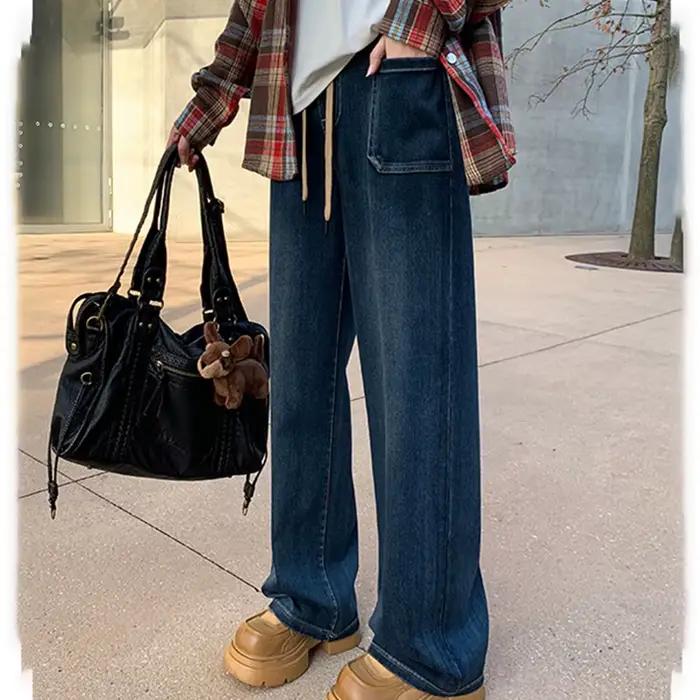 Pantalon en Denim taille haute bleu profond pour femmes
