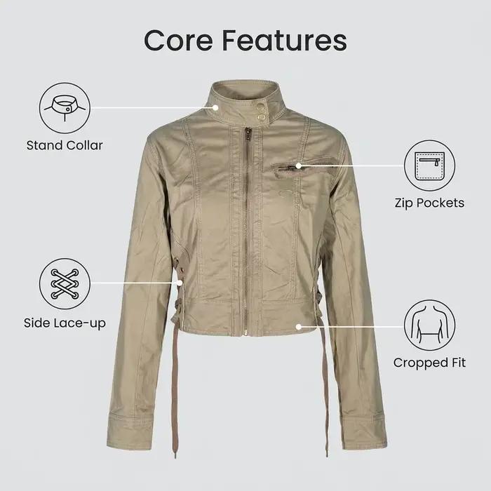 Veste en jean zippée vert armée pour femme