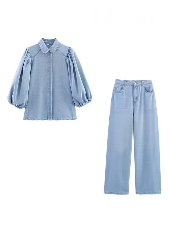 HH femmes mode Denim pantalon costume revers ample simple boutonnage petit haut + élégant taille haute fermeture éclair décontracté jambe large pantalons longs