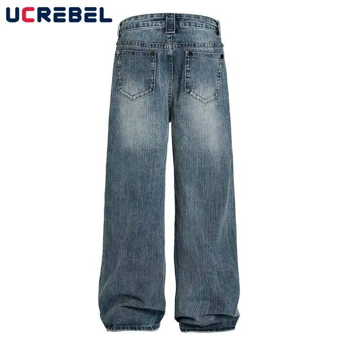 Rivets rétro jean hommes haute rue poche ample lavé en détresse jambe droite