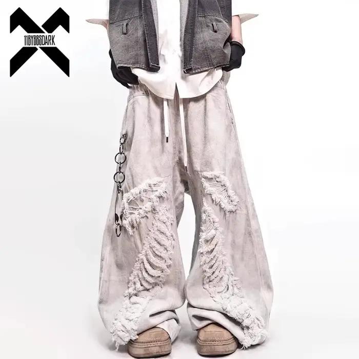 Jeans délavés vintage ample pour hommes et femmes avec trous décoratifs style hip-hop printemps automne danse occasionnels