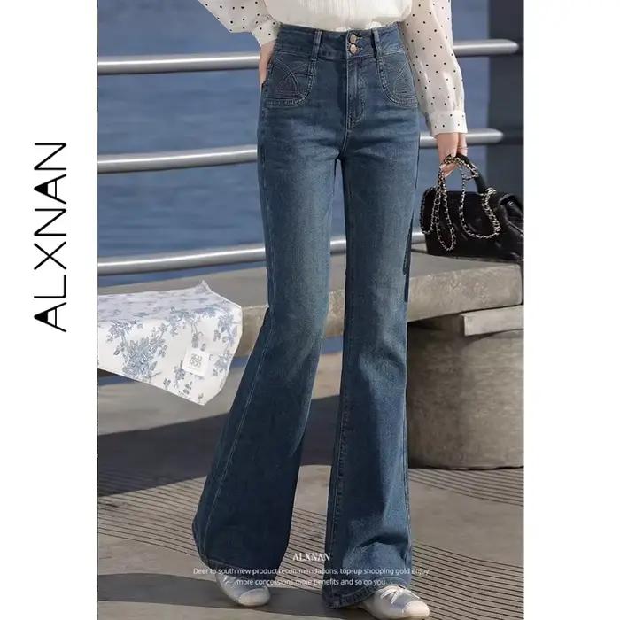 ALXNAN Jean bleu vintage taille haute évasé pour femme 2026 – Pantalon en denim ample et décontracté élégant
