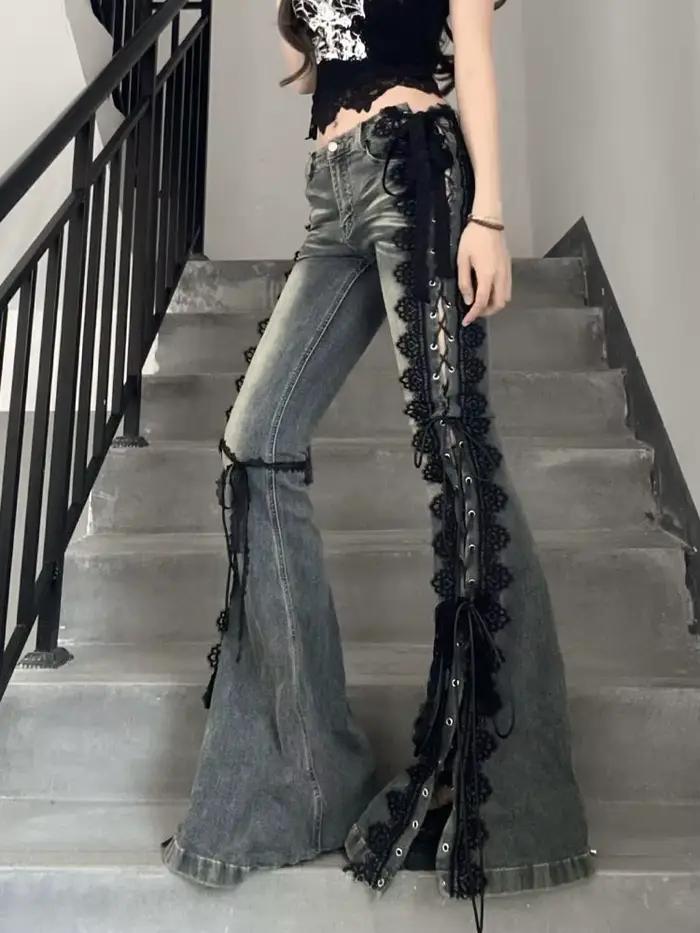 Vintage oeillets à lacets Flare jean point dentelle moustaches mince taille basse fendu Bootcut pantalon femmes cloche bas Streetwear 2025