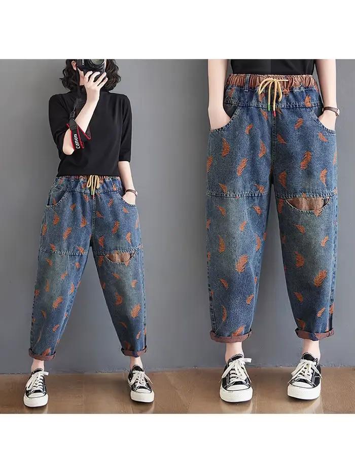 Jean pour femmes printemps rue plume broderie couleur contraste ample mince cordon poches taille élastique Denim pantalon femme