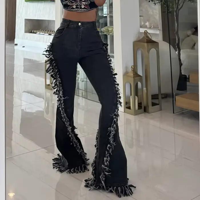 Pantalon évasé en Denim à franges en détresse pour femme