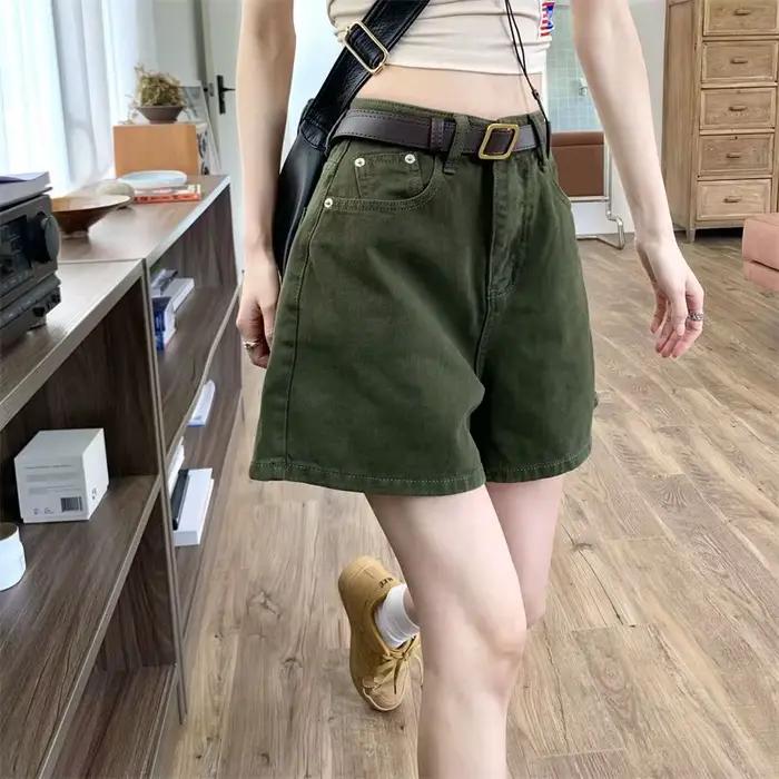Shorts en jean rétro vert taille haute pour femme