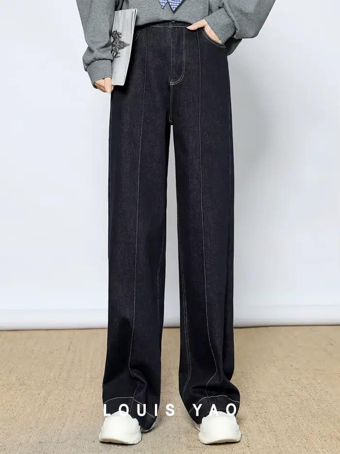 LOUIS YAO 2025 hiver épaissi taille haute jambe droite jean Long Micro élastique contraste bouton femmes pantalon