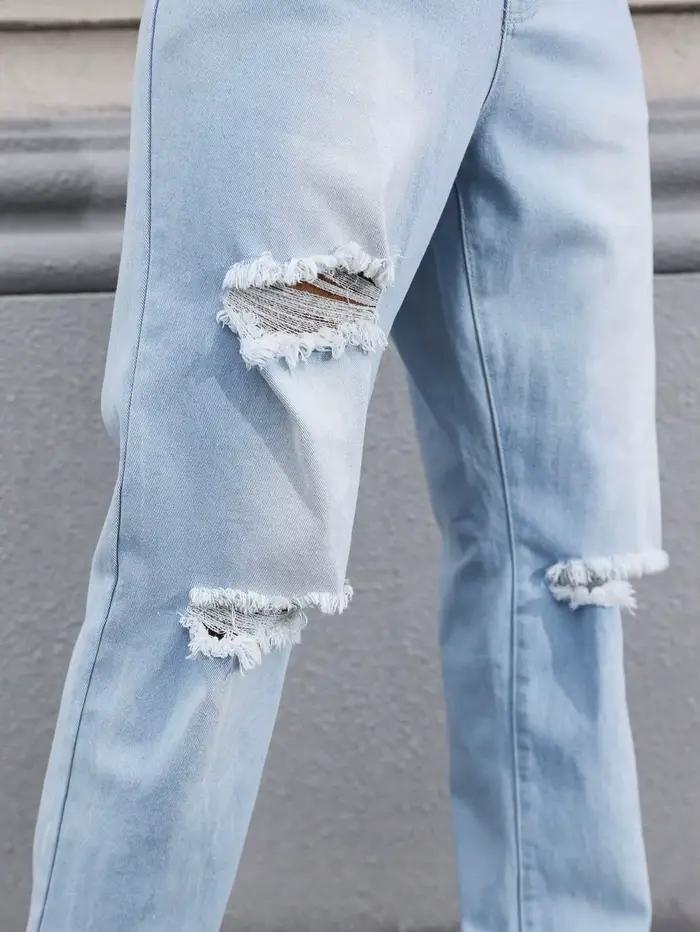 Jean déchiré bleu clair pour homme pour le printemps et l'automne. Pantalon